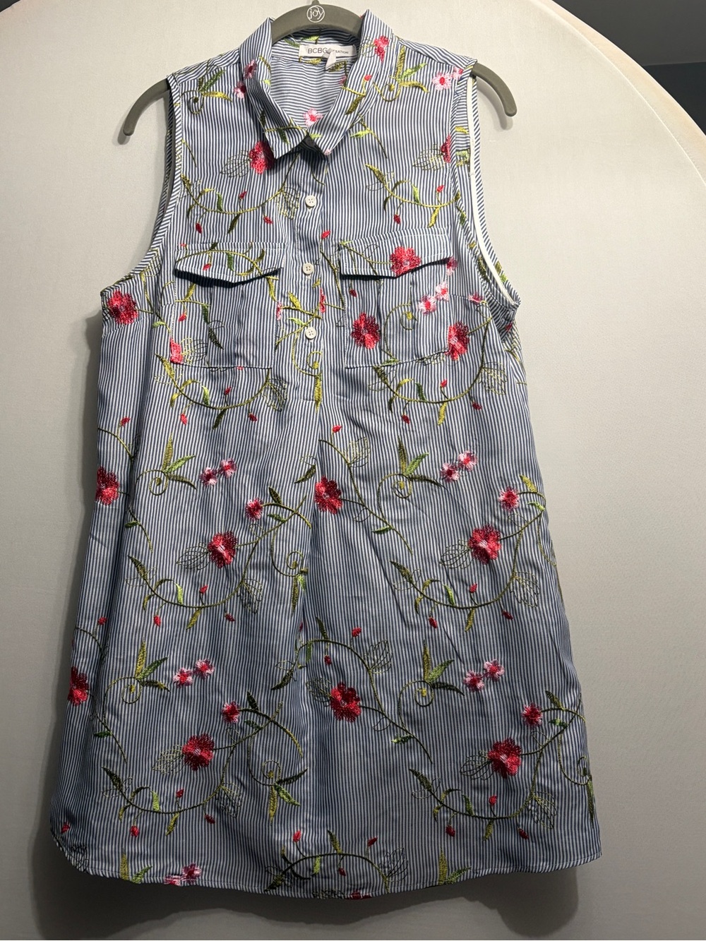 BCBGeneration Blue & White Striped Sleeveless Dress with Pink Floral Embroidery